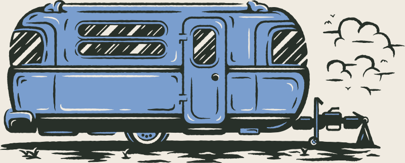 Illustration of a blue vintage trailer parked on the ground with a hitch attached, a small cloud grouping in the sky, and simple grass details around the trailer.