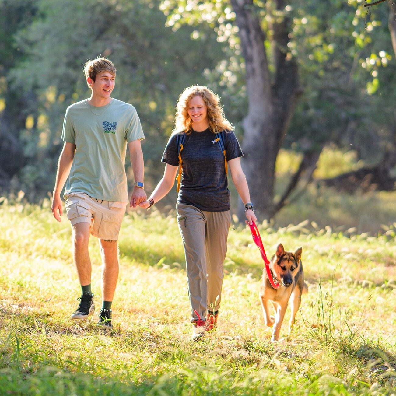 A young couple holds hands while walking their dog on a leash through a sunny, grassy park surrounded by trees. They are smiling and enjoying the outdoors together.